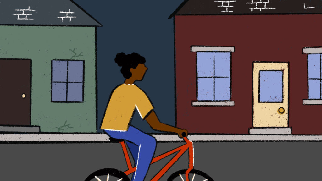 Illustration of a woman riding her bike in a neighborhood